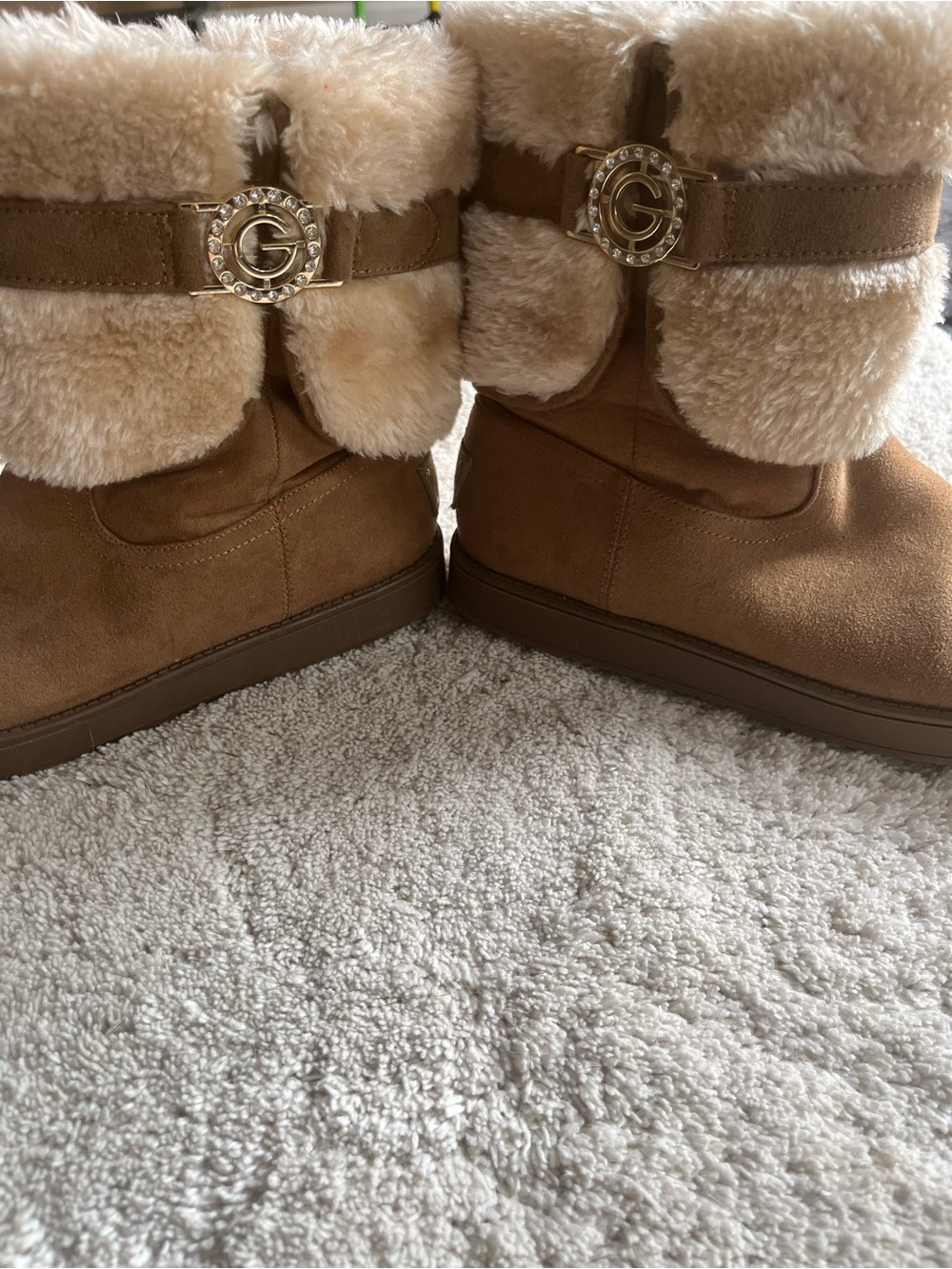 Guess Chestnut Faux Fur Cuff Ankle Boots with Gold Accent